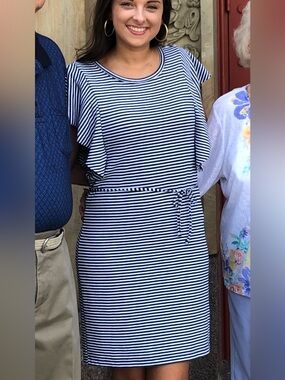 Z Supply Navy and White Striped Ruffle Sleeve Dress